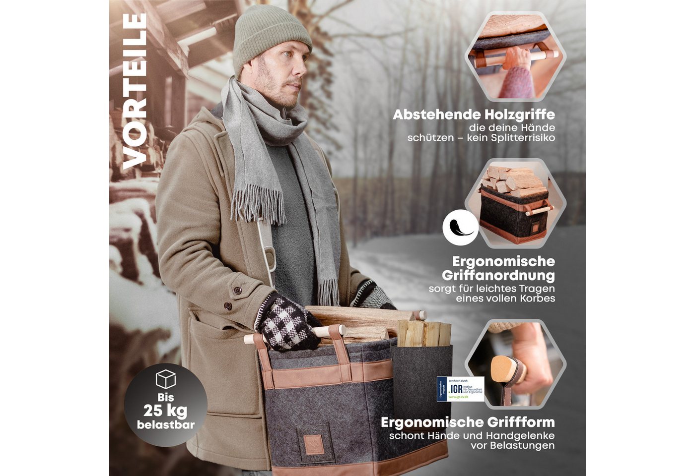 OAKAGE Kaminholzkorb Holzkorb für Kaminholz Groß mit Lederboden Feuerholzkorb Kaminkorb (Set, 1 x Holzkorb + 1 x Zündholzkorb), Schmutzabweisendes Innenfutter und Lederboden Bild 2