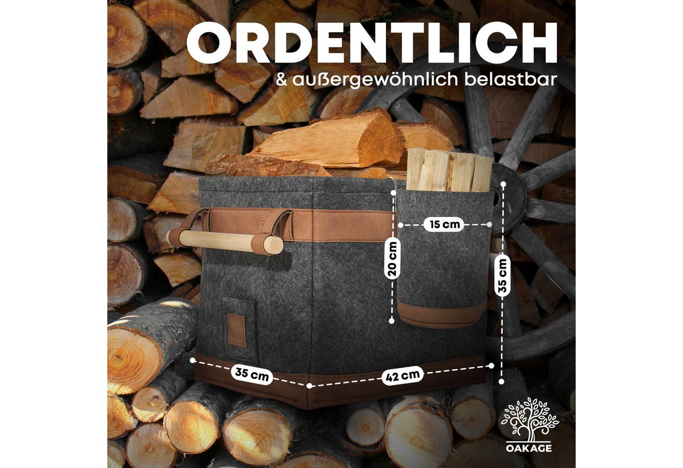 OAKAGE Kaminholzkorb Holzkorb für Kaminholz Groß mit Lederboden Feuerholzkorb Kaminkorb (Set, 1 x Holzkorb + 1 x Zündholzkorb), Schmutzabweisendes Innenfutter und Lederboden Bild 4