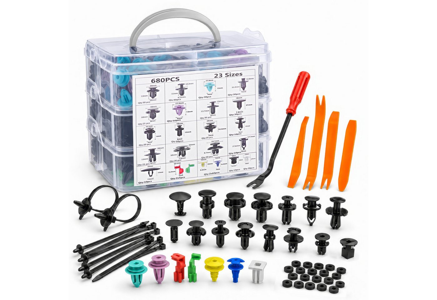 LEMLIT Leisten-Befestigungsclips 725 Stück Auto Befestigung Clips 16 Arten Befestigungclips, (725er Set, 725-St., Universal Türverkleidung Klammern,Befestigungsclips Auto), mit Demontage Werkzeuge, Kabelbinder und Schwammig Kissen