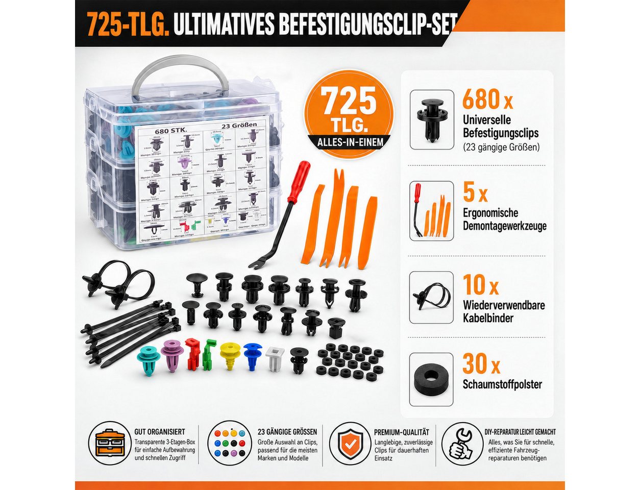 LEMLIT Leisten-Befestigungsclips 725 Stück Auto Befestigung Clips 16 Arten Befestigungclips, (725er Set, 725-St., Universal Türverkleidung Klammern,Befestigungsclips Auto), mit Demontage Werkzeuge, Kabelbinder und Schwammig Kissen Bild 3