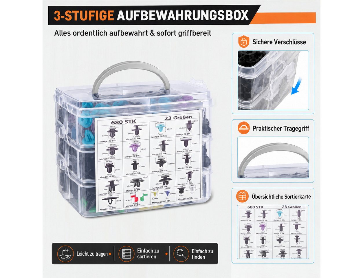 LEMLIT Leisten-Befestigungsclips 725 Stück Auto Befestigung Clips 16 Arten Befestigungclips, (725er Set, 725-St., Universal Türverkleidung Klammern,Befestigungsclips Auto), mit Demontage Werkzeuge, Kabelbinder und Schwammig Kissen Bild 5