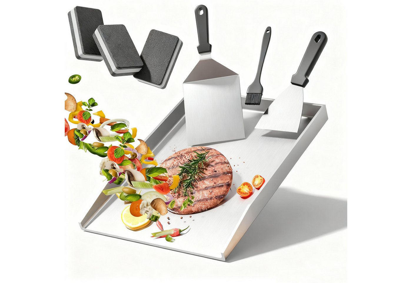 devesanter Grillplatte Edelstahl Grillplatte Set Universal BBQ Plancher Gasgrill Grill (1-St., mit Grillwerkzeugen und Reinigungsschwämme), für gleichmäßige Hitzeverteilung Grillschale Inbegriffen Grillspachtel
