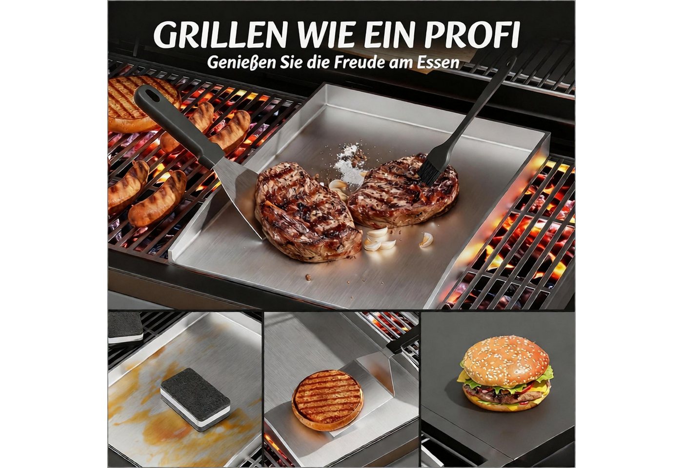 devesanter Grillplatte Edelstahl Grillplatte Set Universal BBQ Plancher Gasgrill Grill (1-St., mit Grillwerkzeugen und Reinigungsschwämme), für gleichmäßige Hitzeverteilung Grillschale Inbegriffen Grillspachtel Bild 2
