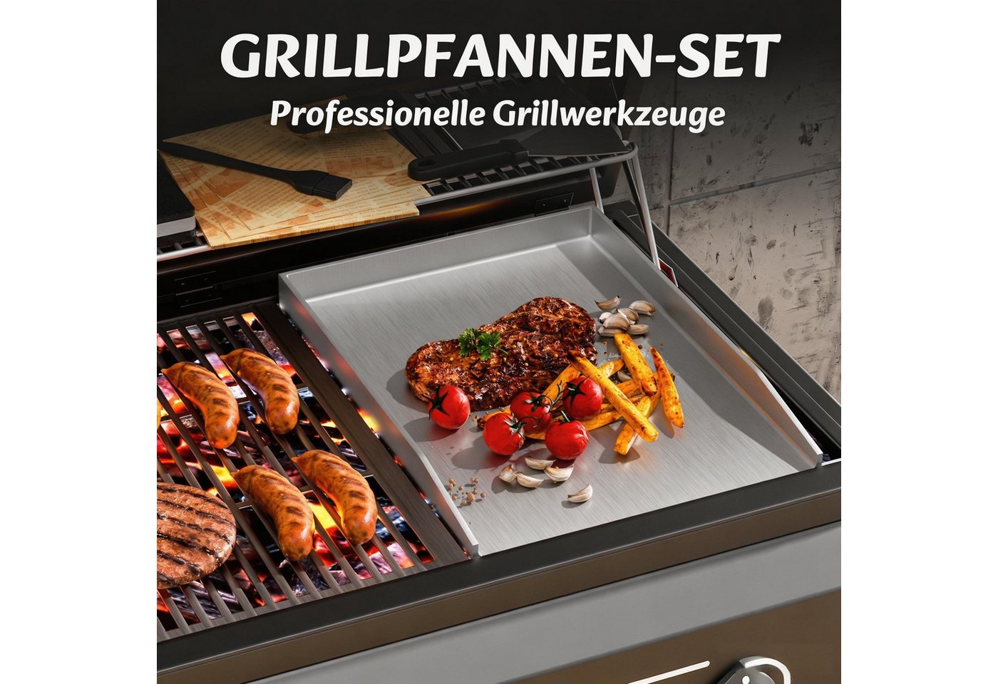 devesanter Grillplatte Edelstahl Grillplatte Set Universal BBQ Plancher Gasgrill Grill (1-St., mit Grillwerkzeugen und Reinigungsschwämme), für gleichmäßige Hitzeverteilung Grillschale Inbegriffen Grillspachtel Bild 3