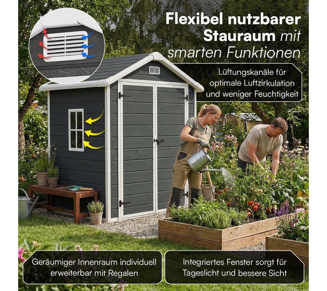 STEELSØN Gerätehaus Novara Gartenhaus mit Bodenplatte, wetterfest, Schuppen inkl. Fenster, Dunkelgrau, Geräteschuppen mit Satteldach L, Schuppen aus Kunststoff
