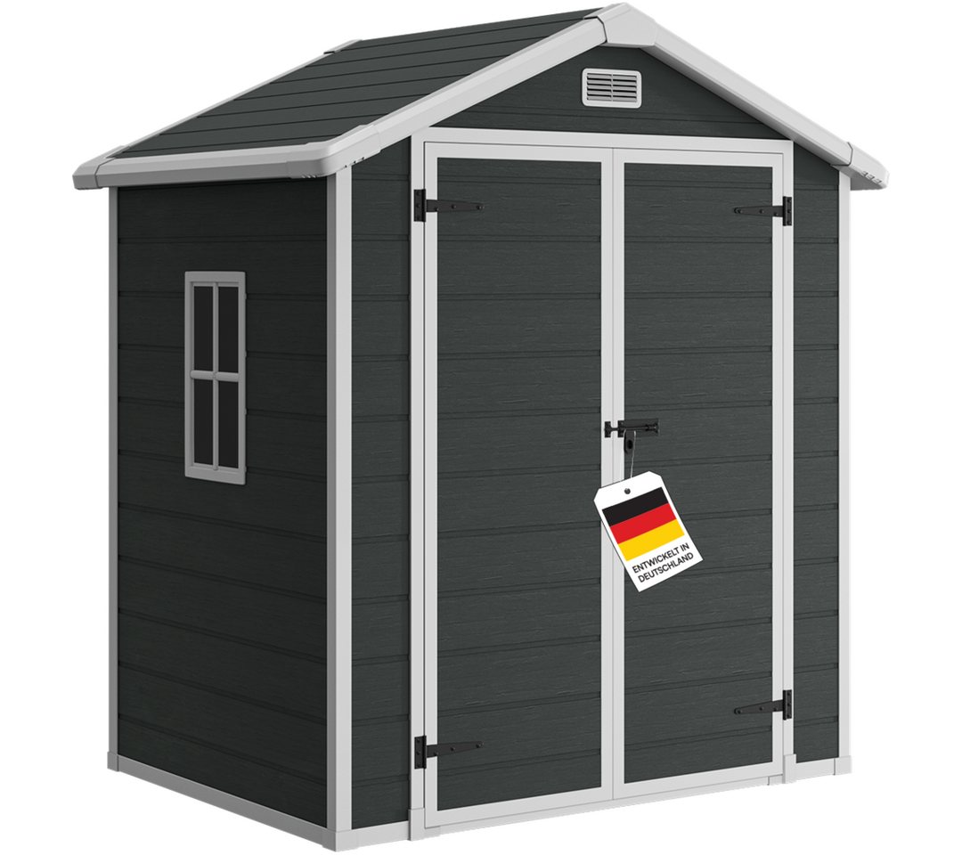 STEELSØN Gerätehaus Novara Gartenhaus mit Bodenplatte, wetterfest, Schuppen inkl. Fenster, Dunkelgrau, Geräteschuppen mit Satteldach L, Schuppen aus Kunststoff Bild 2