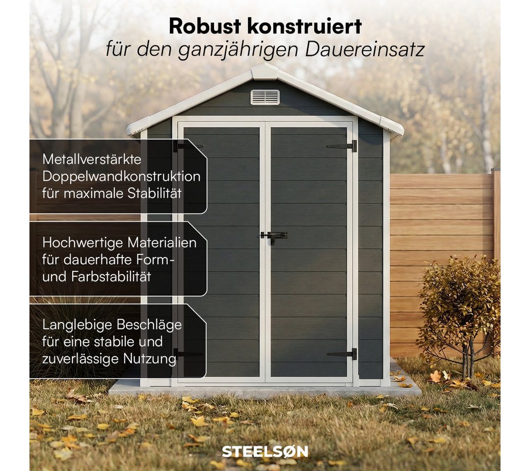 STEELSØN Gerätehaus Novara Gartenhaus mit Bodenplatte, wetterfest, Schuppen inkl. Fenster, Dunkelgrau, Geräteschuppen mit Satteldach L, Schuppen aus Kunststoff Bild 3