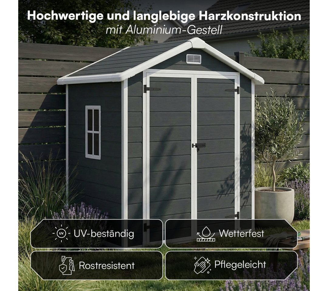 STEELSØN Gerätehaus Novara Gartenhaus mit Bodenplatte, wetterfest, Schuppen inkl. Fenster, Dunkelgrau, Geräteschuppen mit Satteldach L, Schuppen aus Kunststoff Bild 4