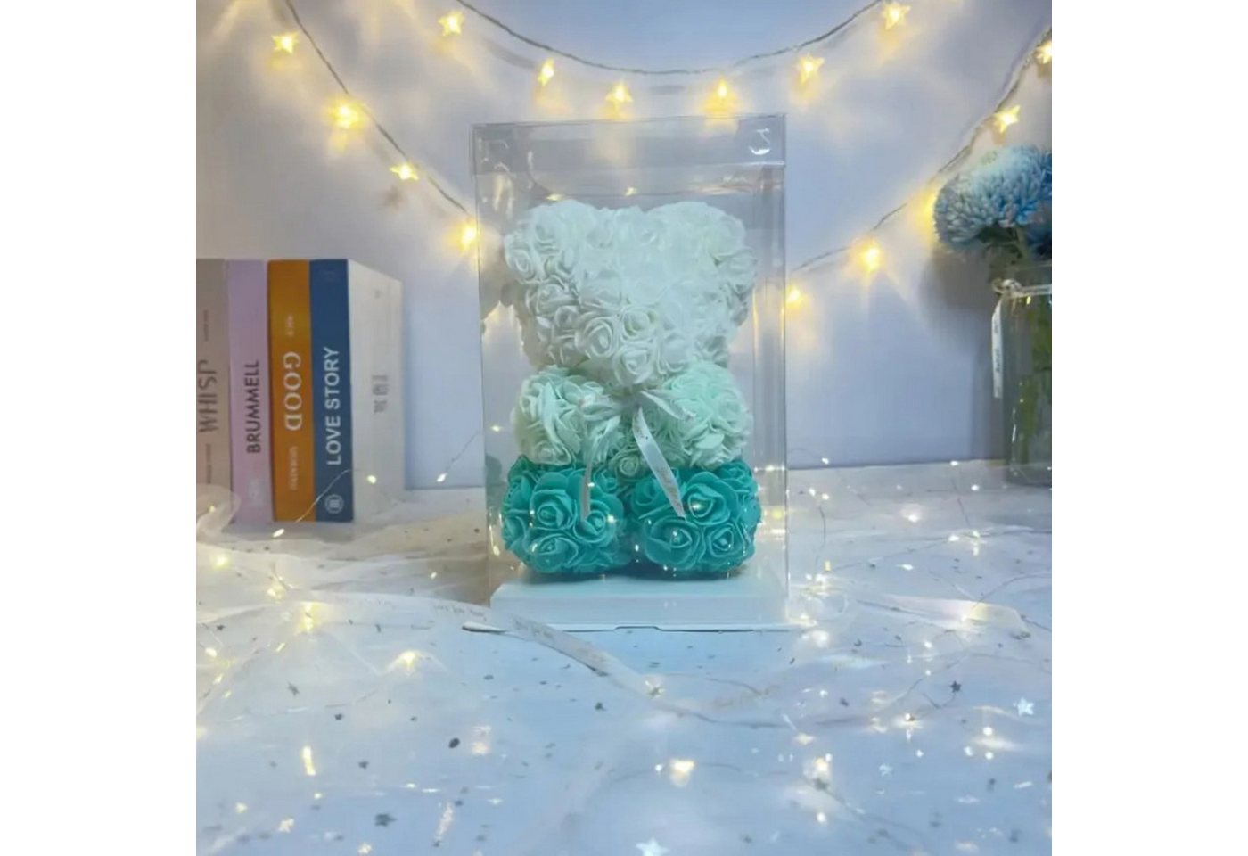 AMORE MIO LED Dekofigur Rosen Teddybär LED Deko Geschenkbox 25 cm Kunstblumen Teddy, LED fest integriert, Warmweiß, Kunstrosen Teddybär LED Beleuchtung Geschenkbox dekorativ