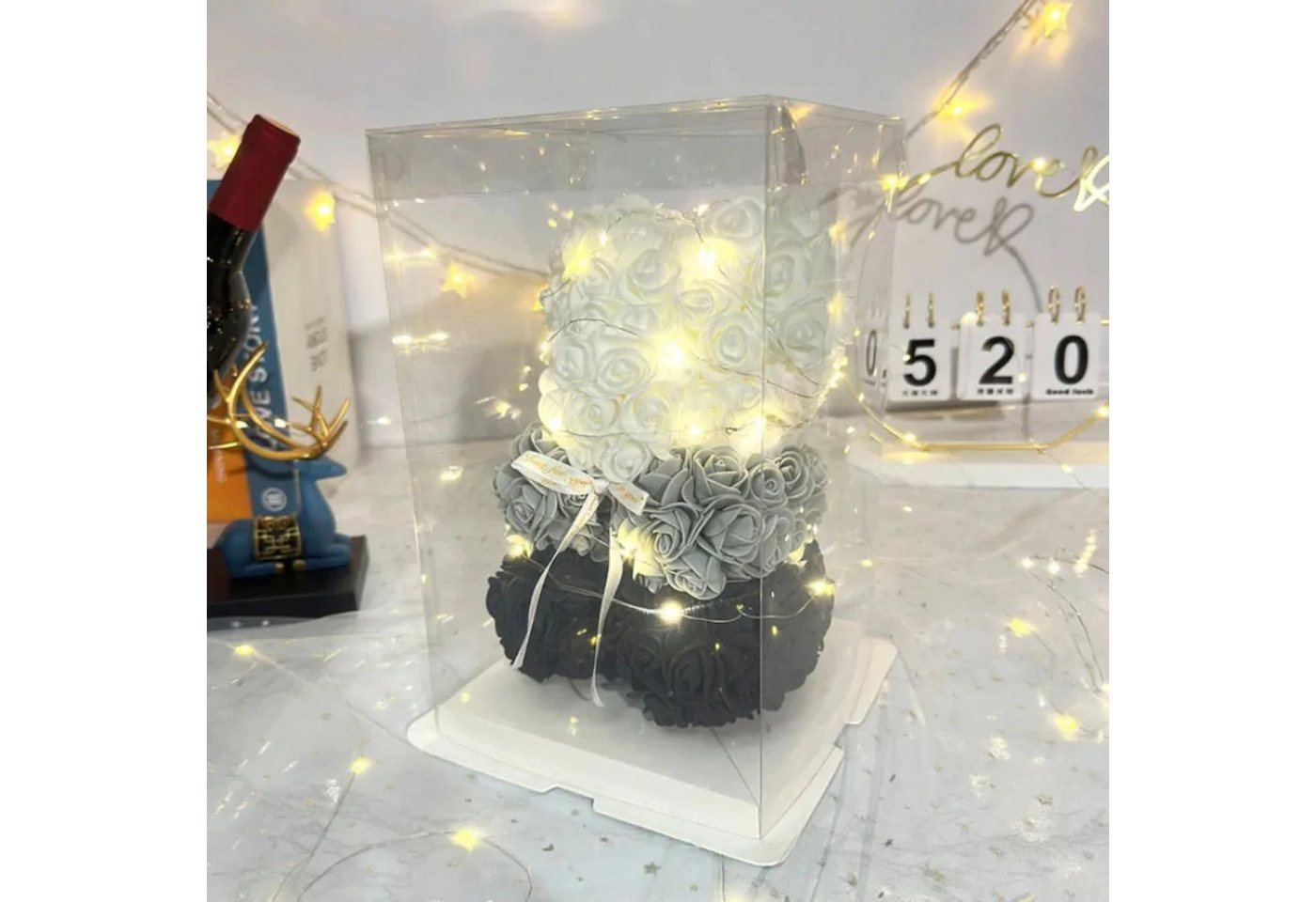 AMORE MIO LED Dekofigur Rosen Teddybär LED Deko Geschenkbox 25 cm Kunstblumen Teddy, LED fest integriert, Warmweiß, Kunstrosen Teddybär LED Beleuchtung Geschenkbox dekorativ Bild 2