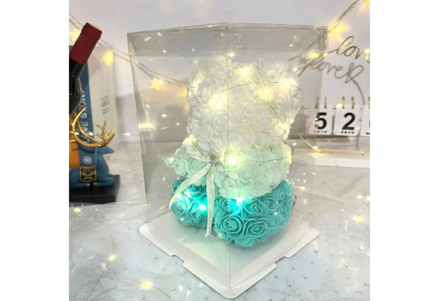 AMORE MIO LED Dekofigur Rosen Teddybär LED Deko Geschenkbox 25 cm Kunstblumen Teddy, LED fest integriert, Warmweiß, Kunstrosen Teddybär LED Beleuchtung Geschenkbox dekorativ Bild 4