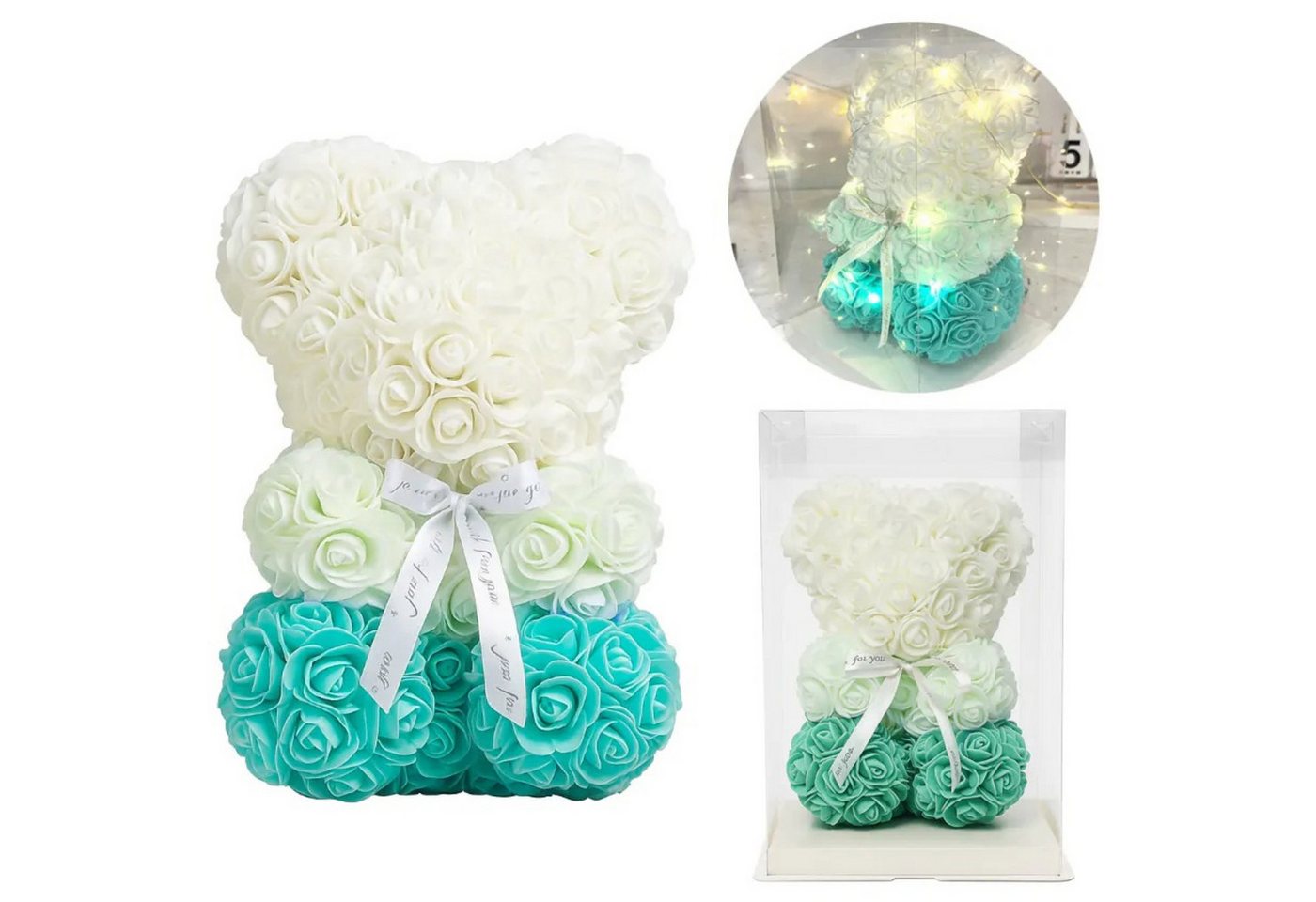 AMORE MIO LED Dekofigur Rosen Teddybär LED Deko Geschenkbox 25 cm Kunstblumen Teddy, LED fest integriert, Warmweiß, Kunstrosen Teddybär LED Beleuchtung Geschenkbox dekorativ Bild 5