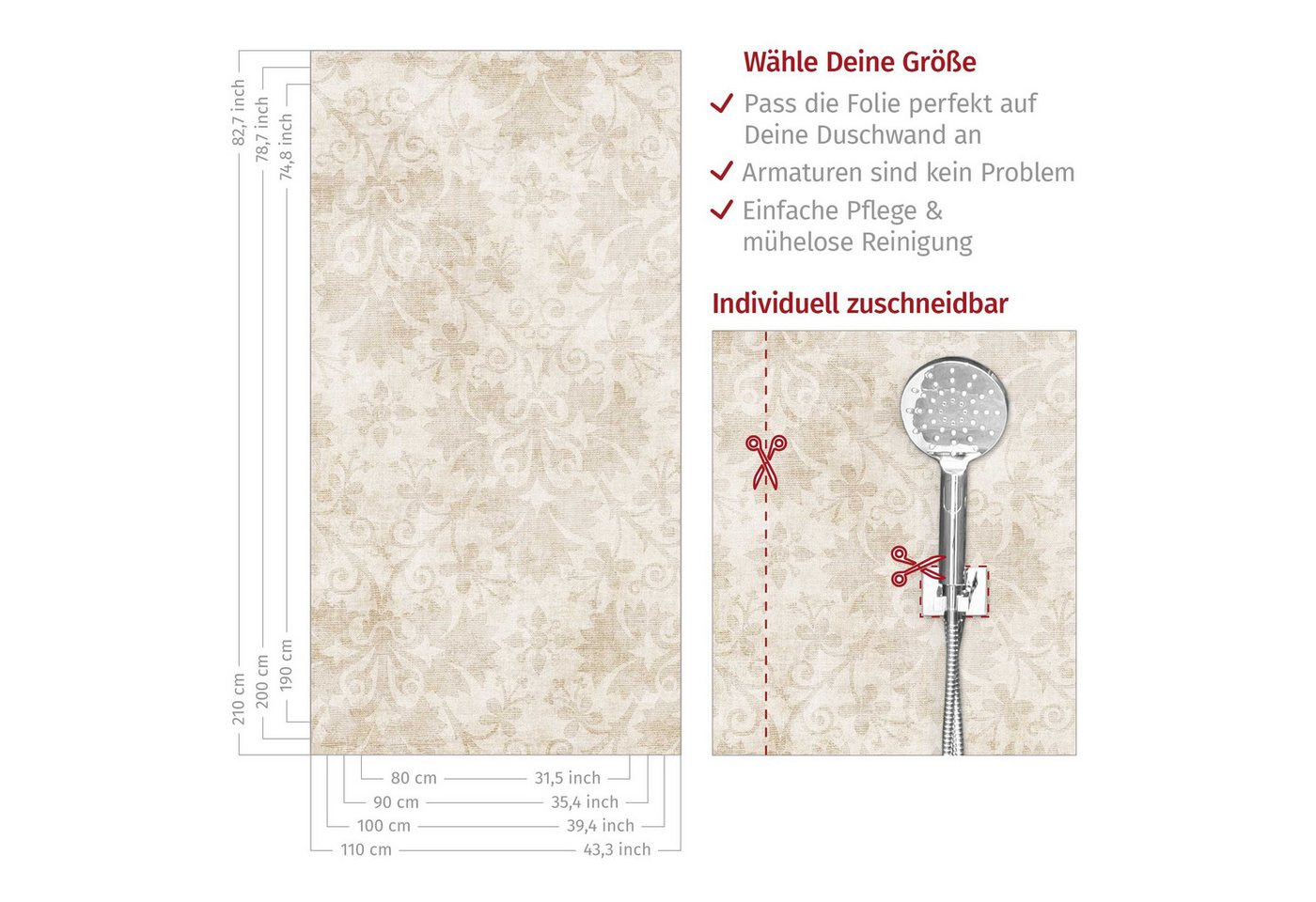 Bilderdepot24 Duschrückwand Muster beige Duschrückwand ohne Bohren Dusche Shabby, (1-tlg., 0,61 mm starke Folie selbstklebend Wandpaneele Dusche versch. Größen), fugenlose & wasserfeste Motiv Rückwand Wandverkleidung für Duschkabine