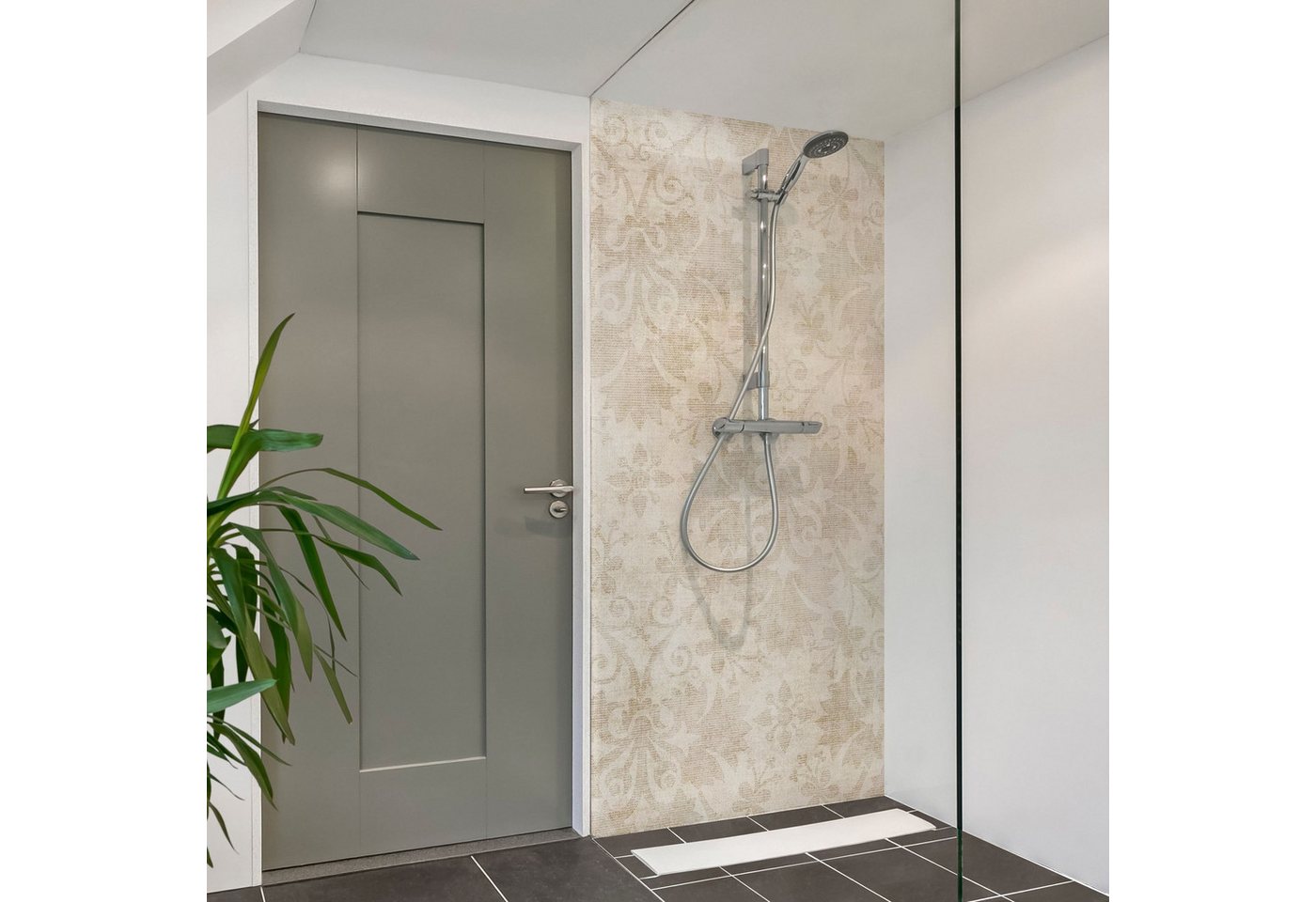 Bilderdepot24 Duschrückwand Muster beige Duschrückwand ohne Bohren Dusche Shabby, (1-tlg., 0,61 mm starke Folie selbstklebend Wandpaneele Dusche versch. Größen), fugenlose & wasserfeste Motiv Rückwand Wandverkleidung für Duschkabine Bild 3