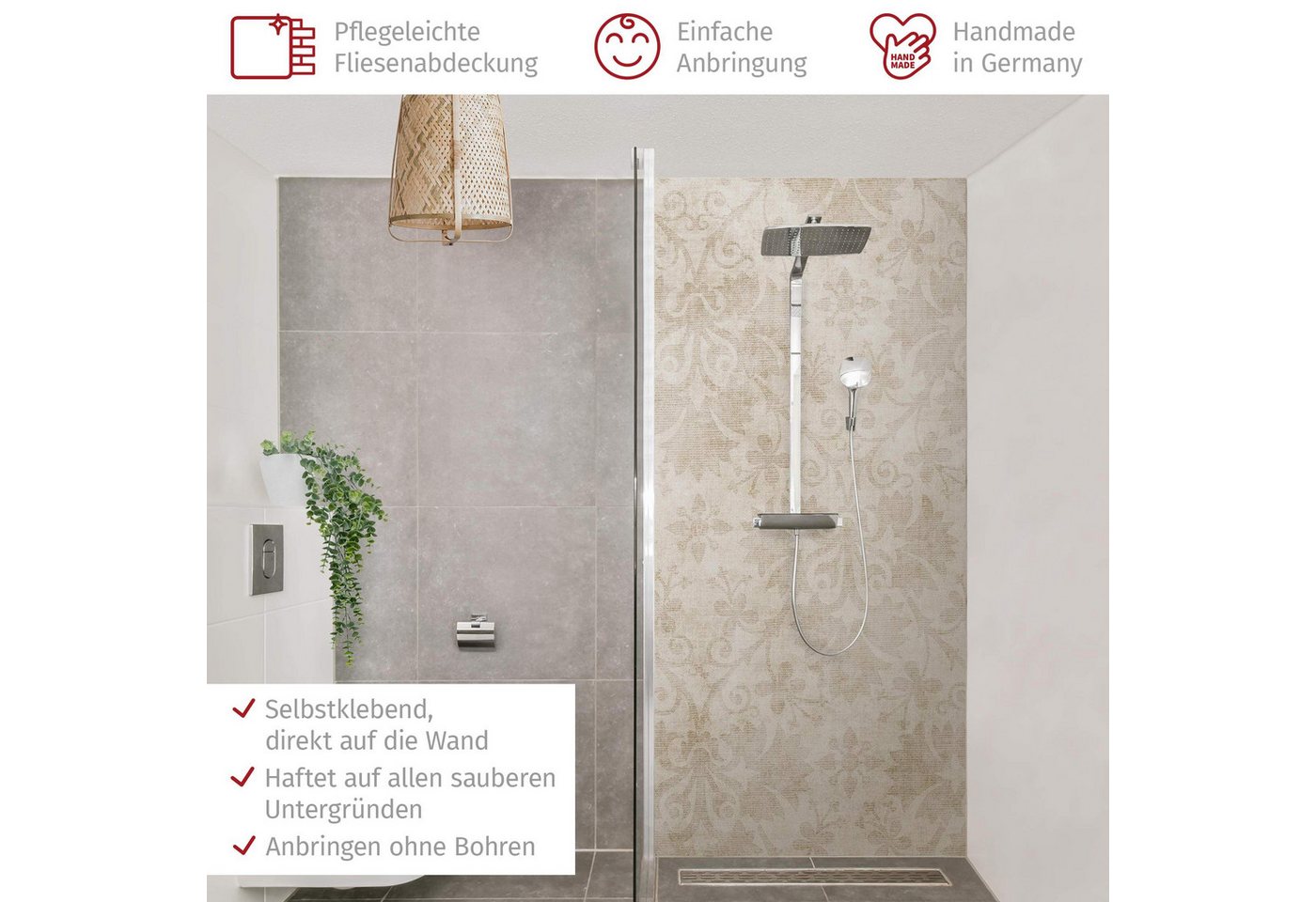 Bilderdepot24 Duschrückwand Muster beige Duschrückwand ohne Bohren Dusche Shabby, (1-tlg., 0,61 mm starke Folie selbstklebend Wandpaneele Dusche versch. Größen), fugenlose & wasserfeste Motiv Rückwand Wandverkleidung für Duschkabine Bild 5
