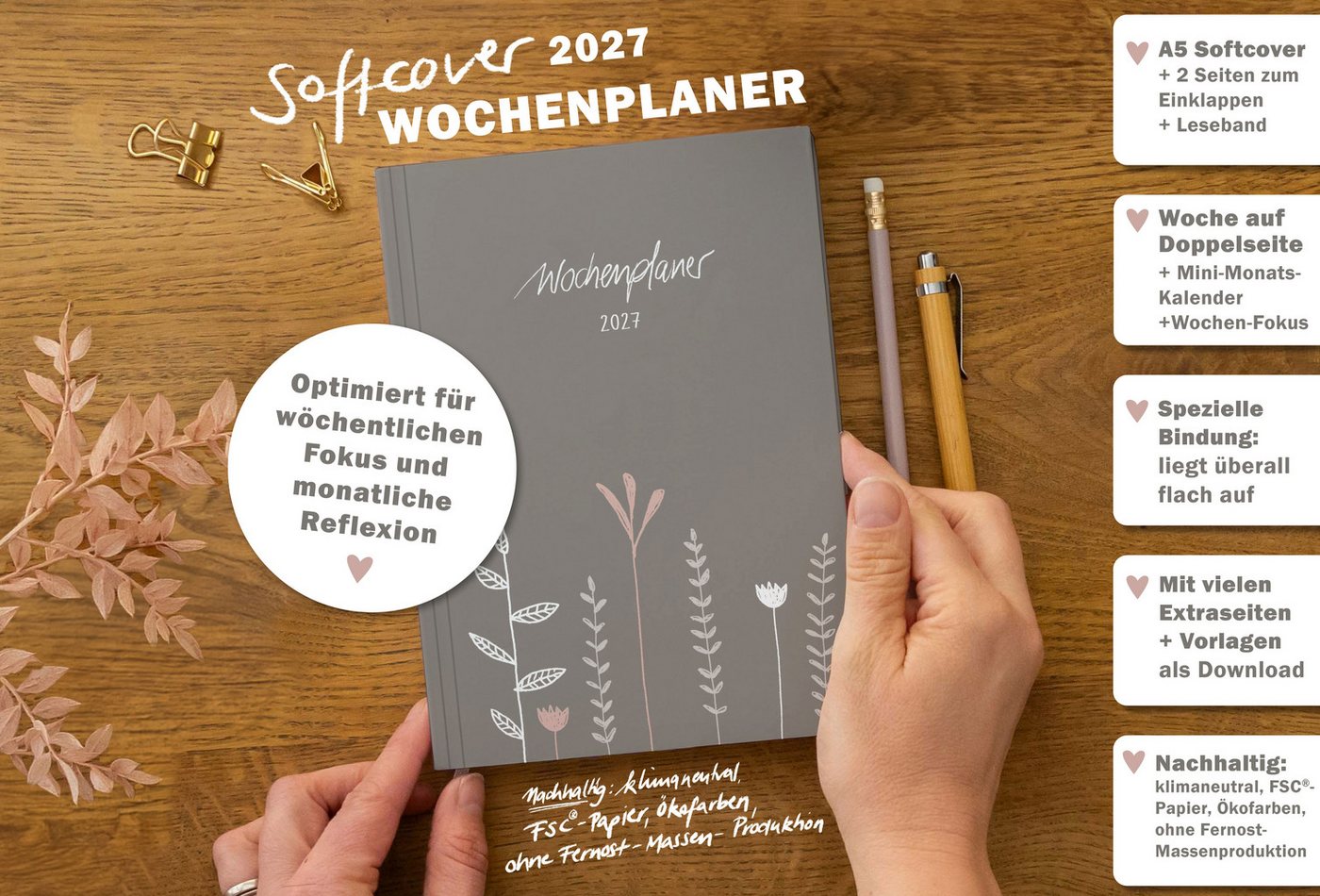 Eine der Guten Verlag Terminkalender Terminplaner 2027 - A5, grau rosa, 1 Doppelseite / Woche, 144 S. FSC-Papier, Softcover, klimaneutral