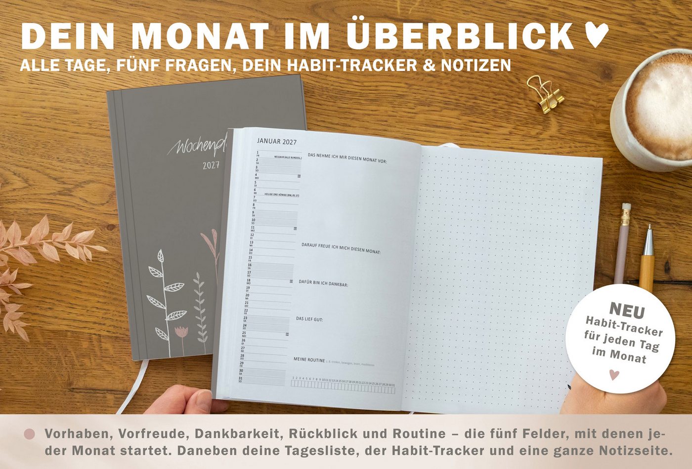 Eine der Guten Verlag Terminkalender Terminplaner 2027 - A5, grau rosa, 1 Doppelseite / Woche, 144 S. FSC-Papier, Softcover, klimaneutral Bild 2