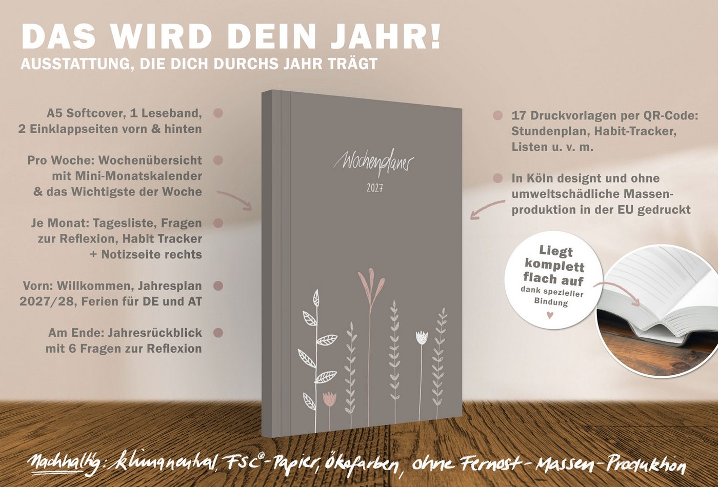 Eine der Guten Verlag Terminkalender Terminplaner 2027 - A5, grau rosa, 1 Doppelseite / Woche, 144 S. FSC-Papier, Softcover, klimaneutral Bild 4