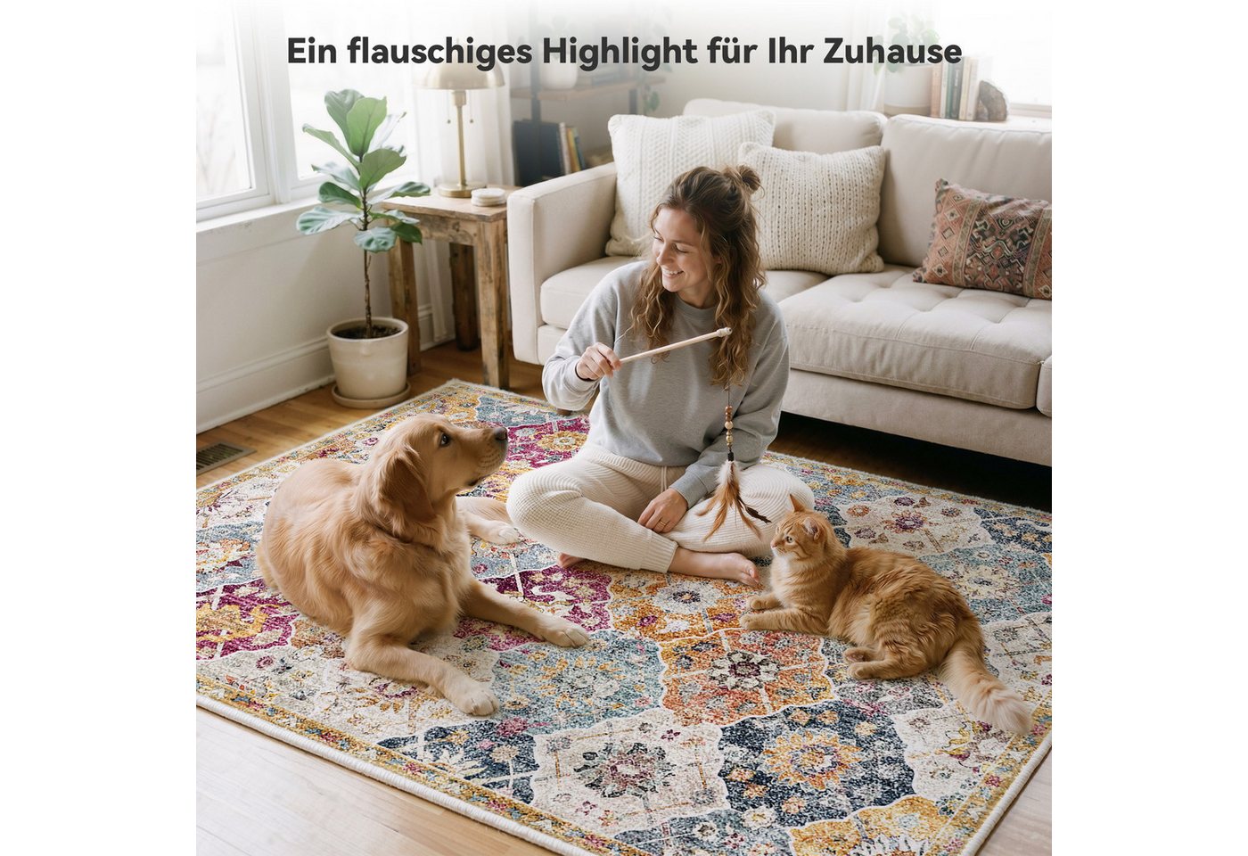 Klyvvo Teppich Boho Retro Kurzflor Teppich mit Blumenmuster rechteckig, Höhe: 8.5 mm, Rechteckig, hohe Flordichte, weich, Maschinwaschbar mit Rutschfester TPE-Unterlage