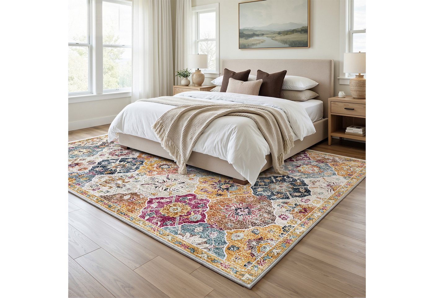 Klyvvo Teppich Boho Retro Kurzflor Teppich mit Blumenmuster rechteckig, Höhe: 8.5 mm, Rechteckig, hohe Flordichte, weich, Maschinwaschbar mit Rutschfester TPE-Unterlage Bild 2