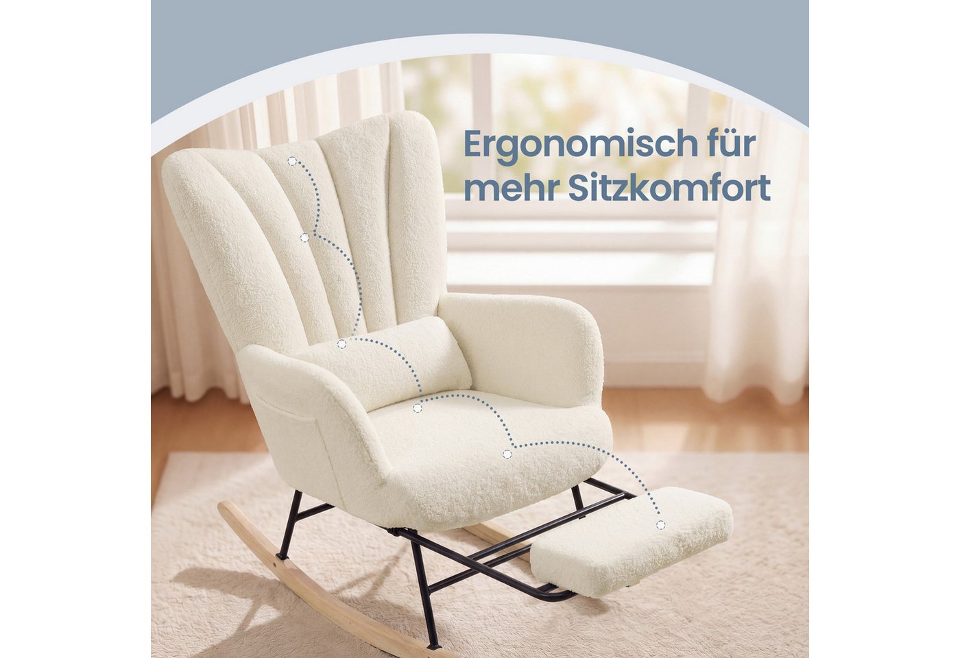 SONGMICS Schaukelsessel Schaukelstuhl Relaxsessel abnehmbares Kissen, für Schlafzimmer, Wohnzimmer, ausziehbare Fußstütze, Holzbeine, Fleece