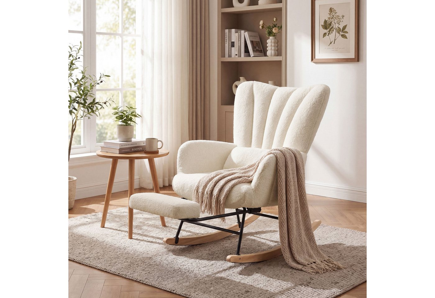 SONGMICS Schaukelsessel Schaukelstuhl Relaxsessel abnehmbares Kissen, für Schlafzimmer, Wohnzimmer, ausziehbare Fußstütze, Holzbeine, Fleece Bild 5