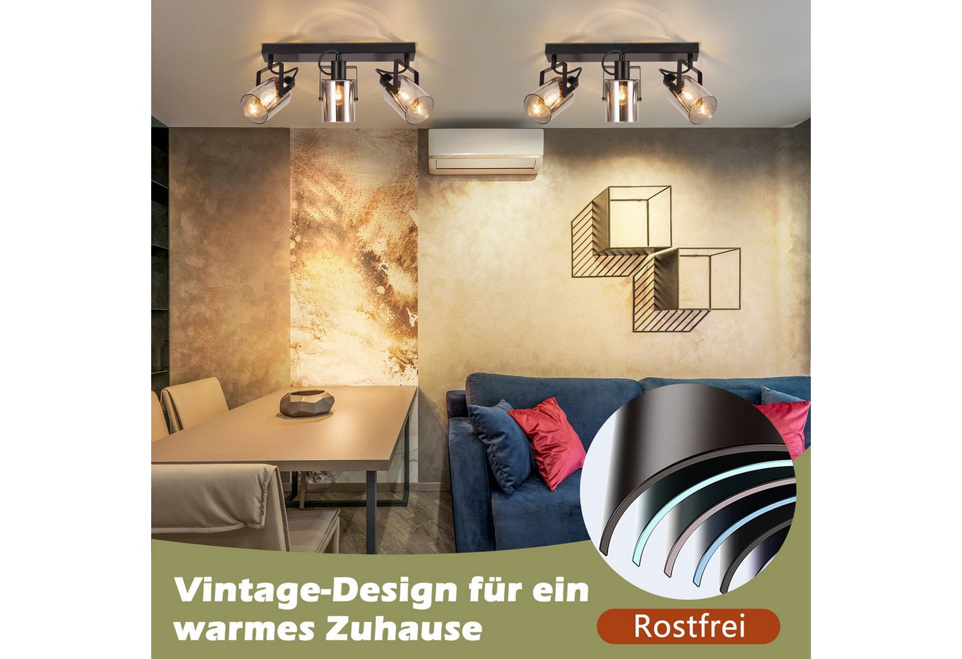 ZMH Deckenstrahler 2/3/4 Flammig Rauchgrau Glas E14 Deckenspot schwenkbar drehbar, ohne Leuchtmittel, Deckenleuchte für Wohnzimmer Schlafzimmer Flur Küche Bild 3