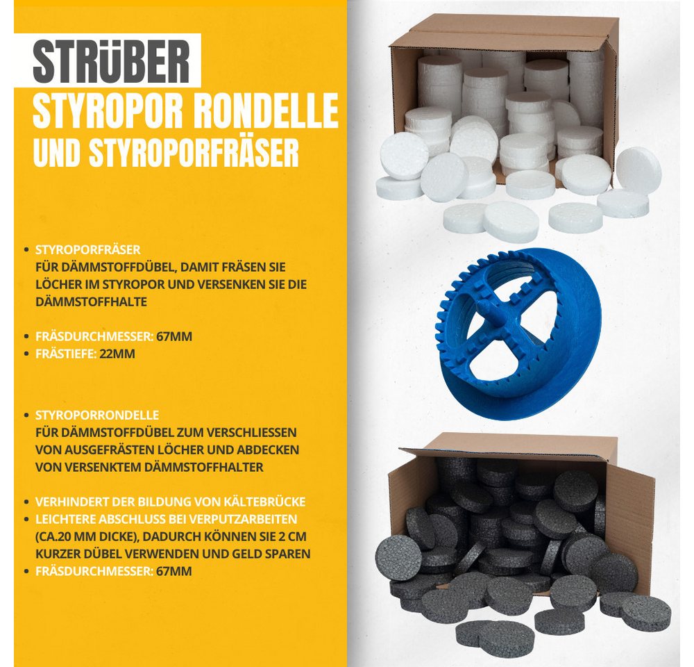 STRÜBER Dämmstoffdübel WDVS SET (Styroporscheiben + 1 x Styroporfräser), (1000-tlg), WDVS, Wärmedämmung, Dämmstoffdübel