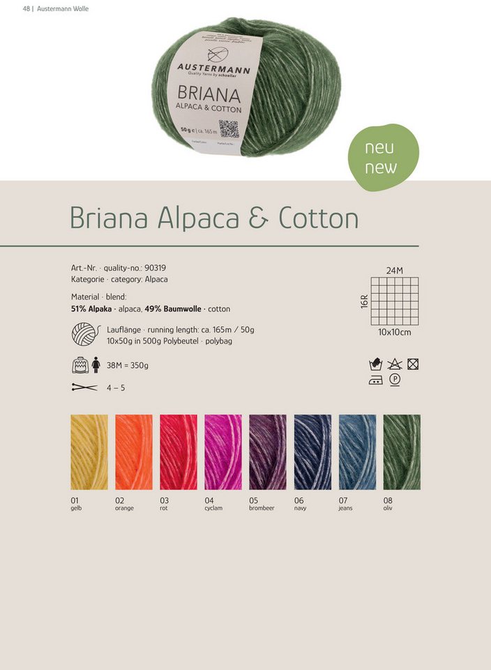 Austermann Briana Alpaca & Cotton Häkelwolle, 165 m, besonders weich und voluminös, dadurch geringer Materialverbrauch