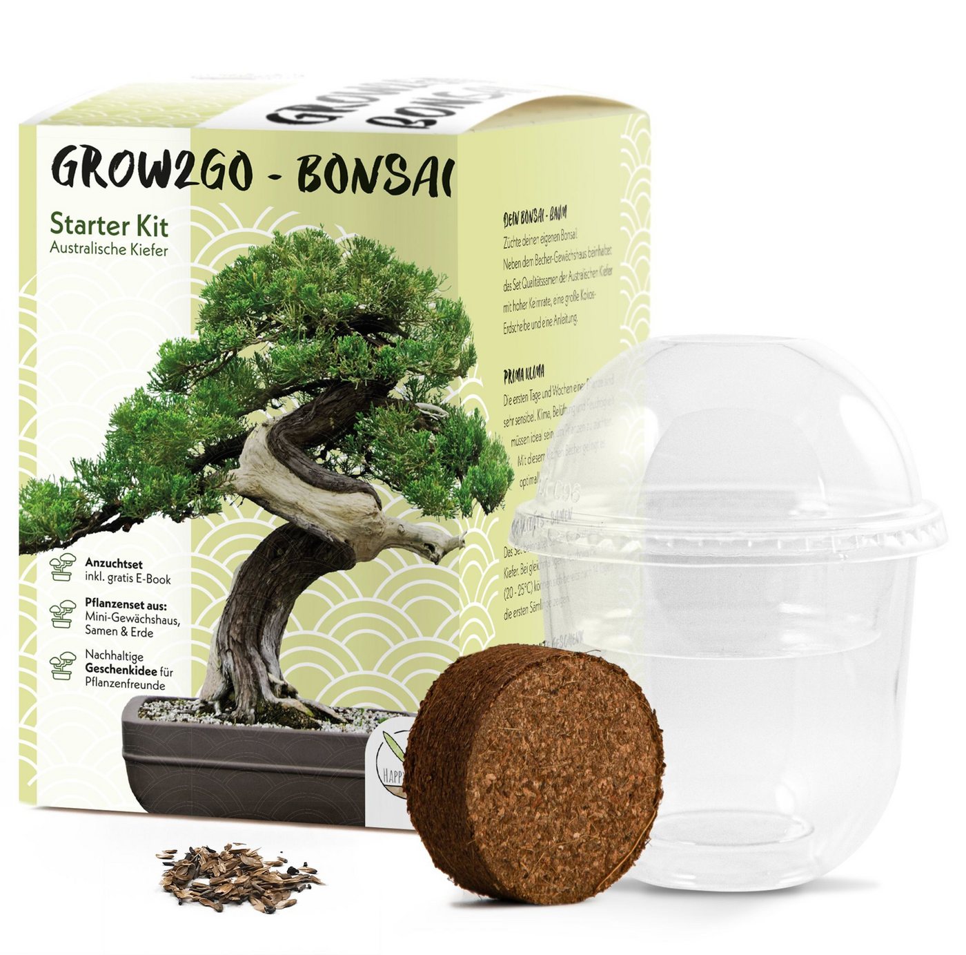 HappySeed Blumensamen GROW2GO Bonsai Starter Kit inkl. GRATIS eBook - Australische Kiefer, Bonsai