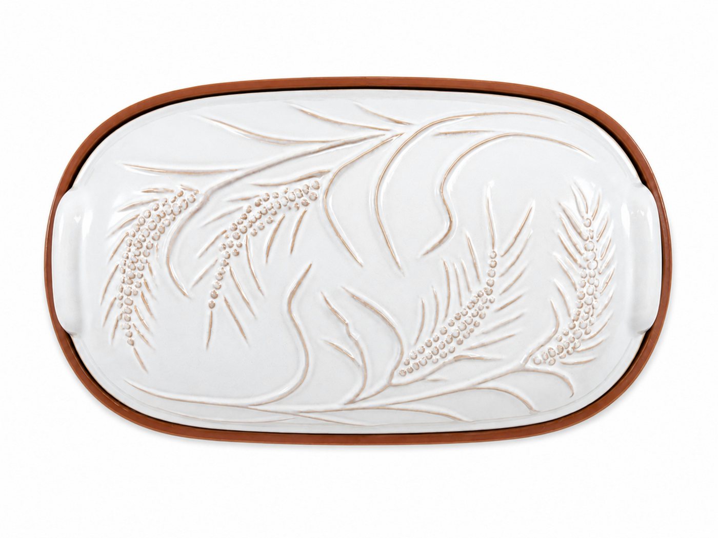 KERAZO Brotbackform 4,5L Keramik Bräter mit Deckel Brottopf Auflaufform 38x24x15 cm, weiß, Mit dekorativem Getreidemuster auf Deckel und Unterteil