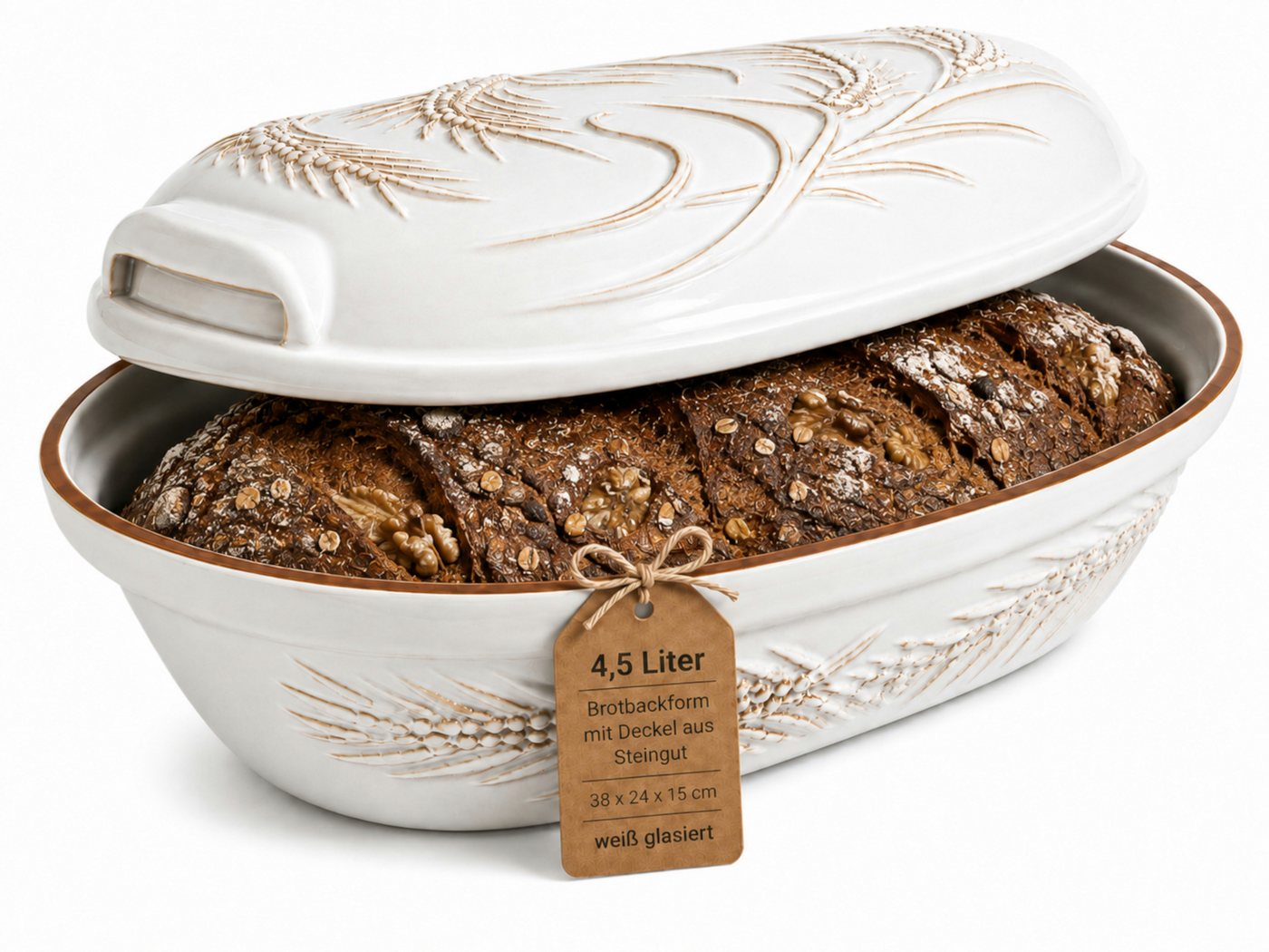 KERAZO Brotbackform 4,5L Keramik Bräter mit Deckel Brottopf Auflaufform 38x24x15 cm, weiß, Mit dekorativem Getreidemuster auf Deckel und Unterteil Bild 2