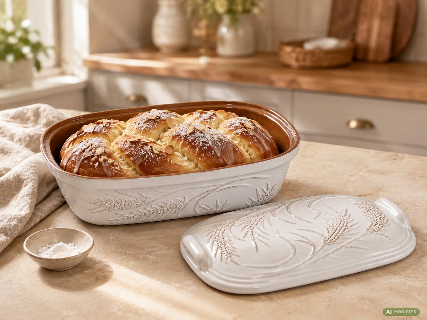 KERAZO Brotbackform 4,5L Keramik Bräter mit Deckel Brottopf Auflaufform 38x24x15 cm, weiß, Mit dekorativem Getreidemuster auf Deckel und Unterteil Bild 3
