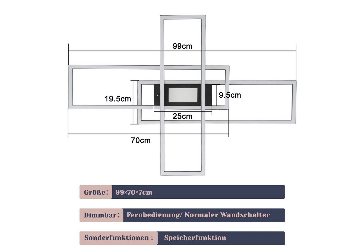 ZMH LED Deckenleuchte mit 3 Rahmen und Fernbedienung, 6000 Lumen, dimmbar,50W, LED fest integriert, 3000-6500K, Deckenlampe 99 x 70 cm für Wohnzimmer Schlafzimmer Flur Bild 2
