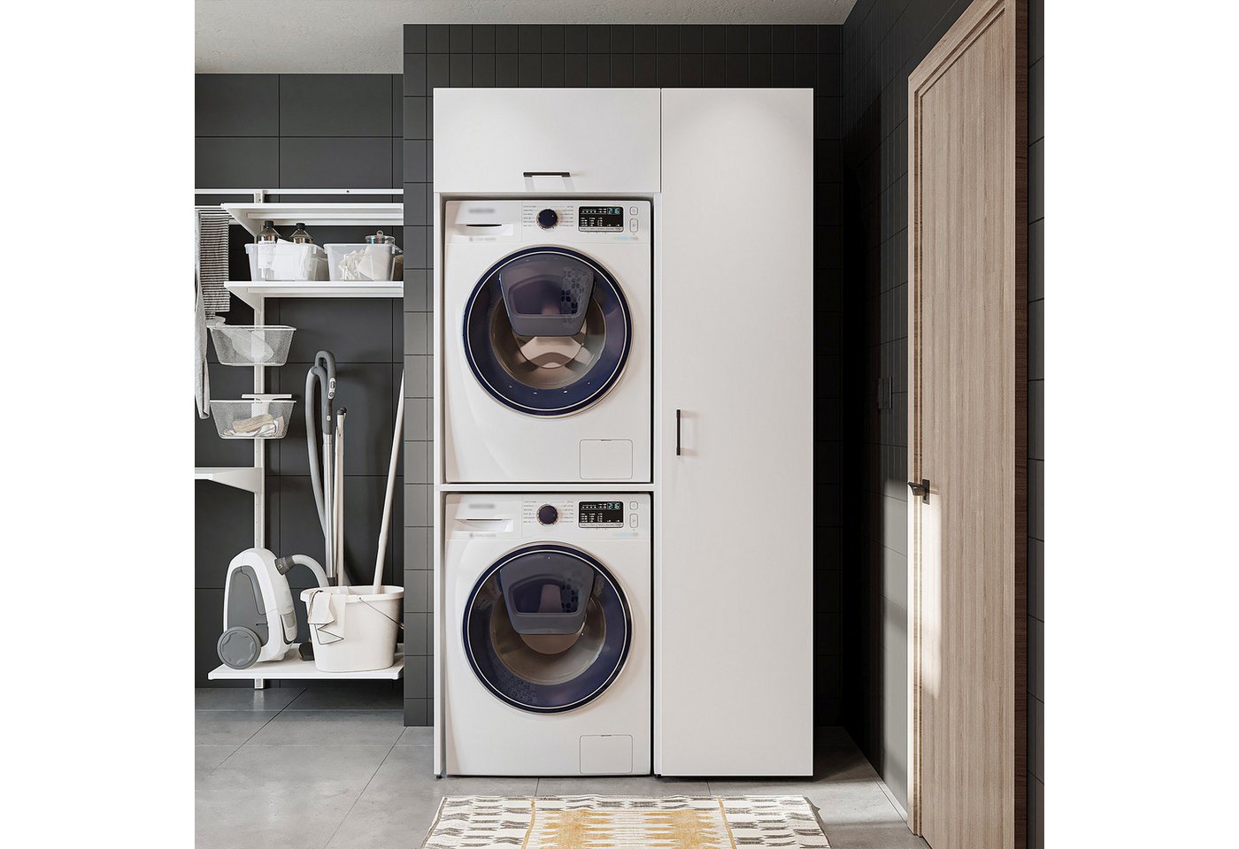 Roomart Waschmaschinenumbauschrank Schrankwand 112 cm – für Waschmaschine & Trockner, Hochschrank (Set) Waschmaschine & Trockner übereinander, Hochschrank Bild 2