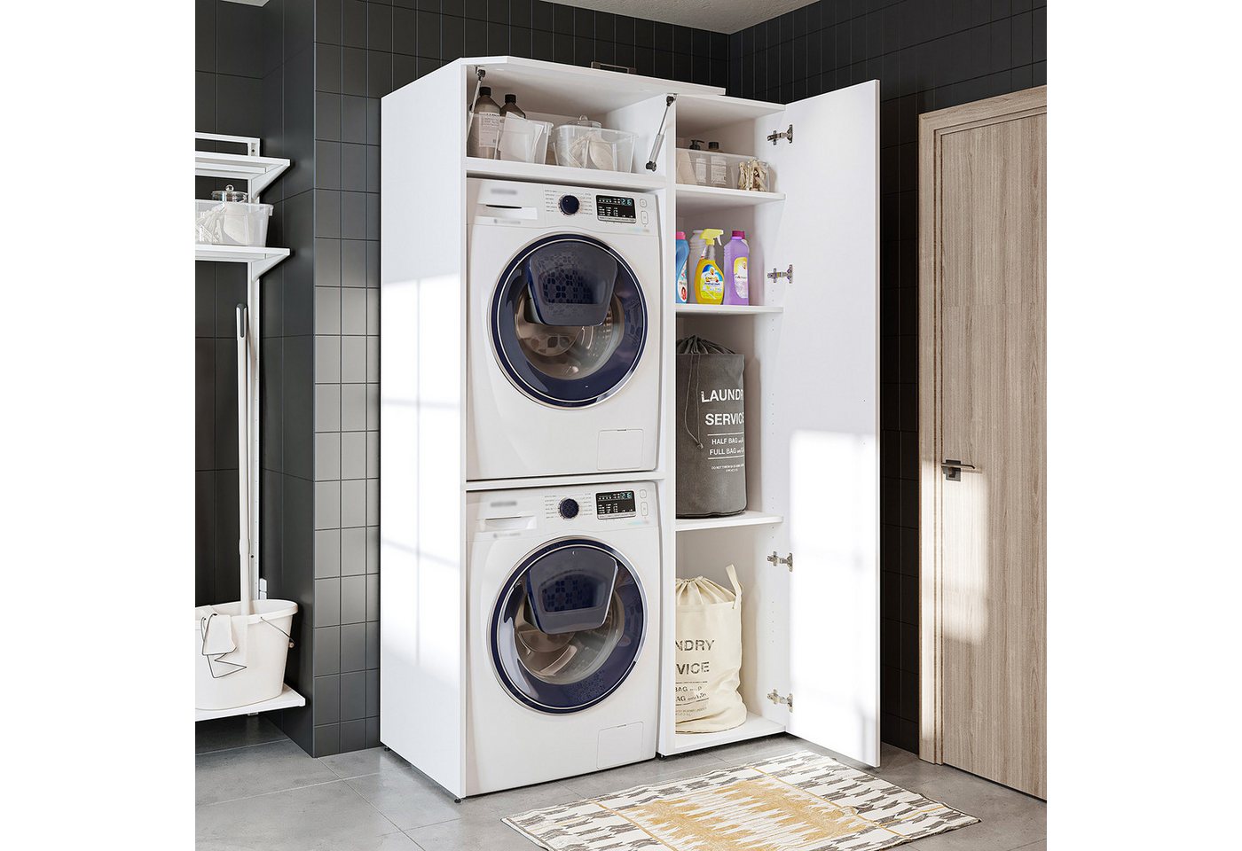 Roomart Waschmaschinenumbauschrank Schrankwand 112 cm – für Waschmaschine & Trockner, Hochschrank (Set) Waschmaschine & Trockner übereinander, Hochschrank Bild 3