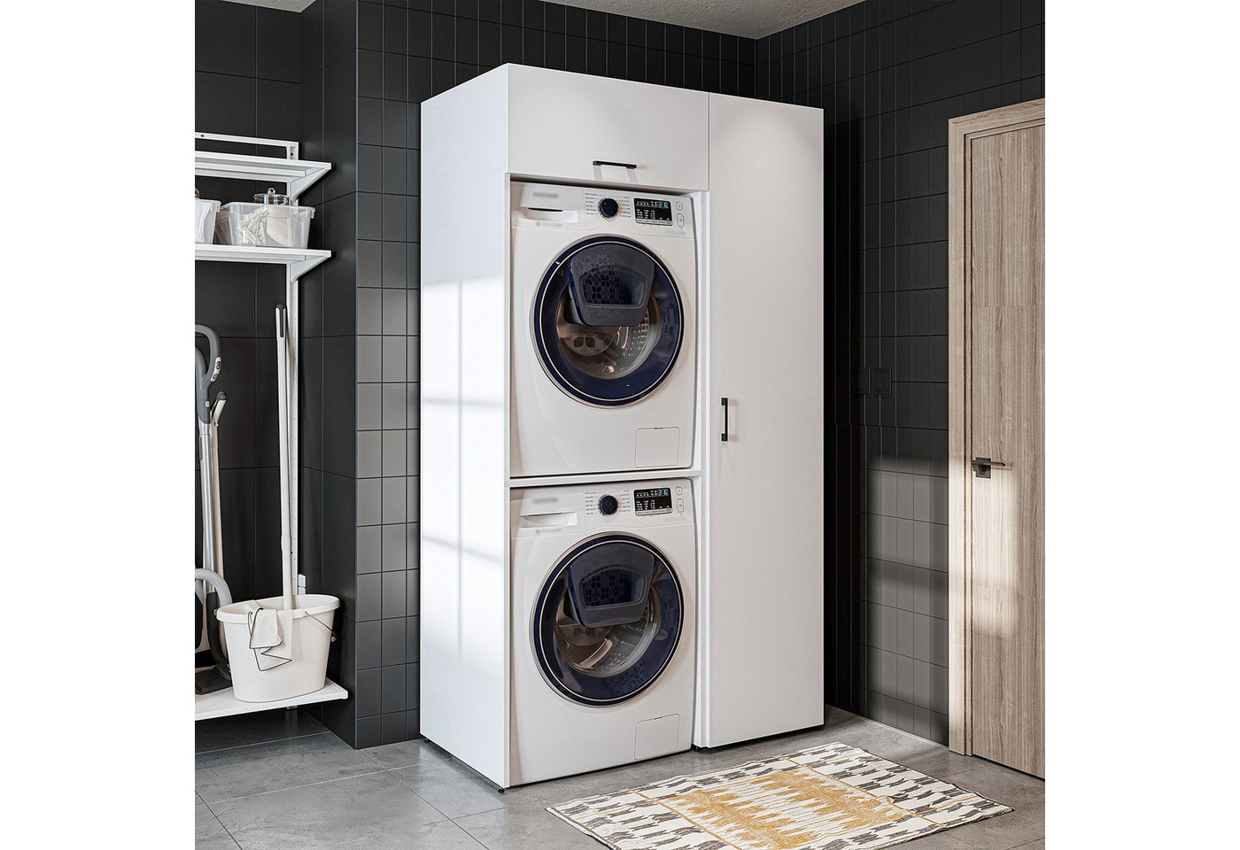 Roomart Waschmaschinenumbauschrank Schrankwand 112 cm – für Waschmaschine & Trockner, Hochschrank (Set) Waschmaschine & Trockner übereinander, Hochschrank Bild 4