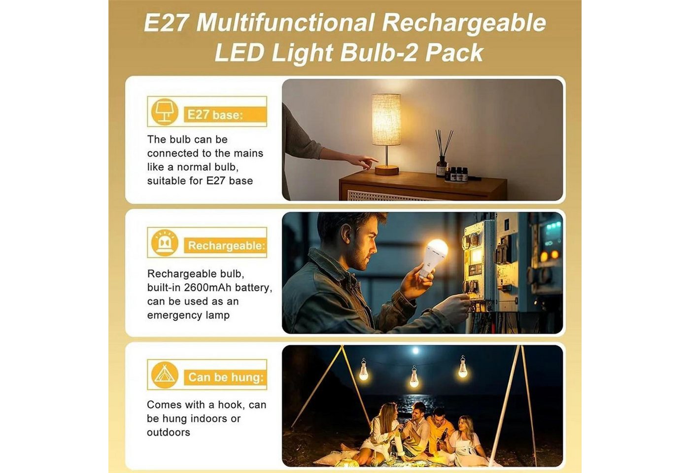 FELIXLEO Außen-Tischleuchte 2er LED Glühbirne 2600mAh USB Rechargeable Fernbedienung E27 Haken