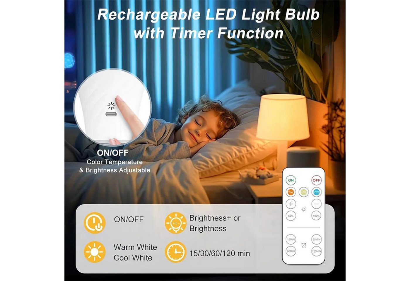 FELIXLEO Außen-Tischleuchte 2er LED Glühbirne 2600mAh USB Rechargeable Fernbedienung E27 Haken Bild 2