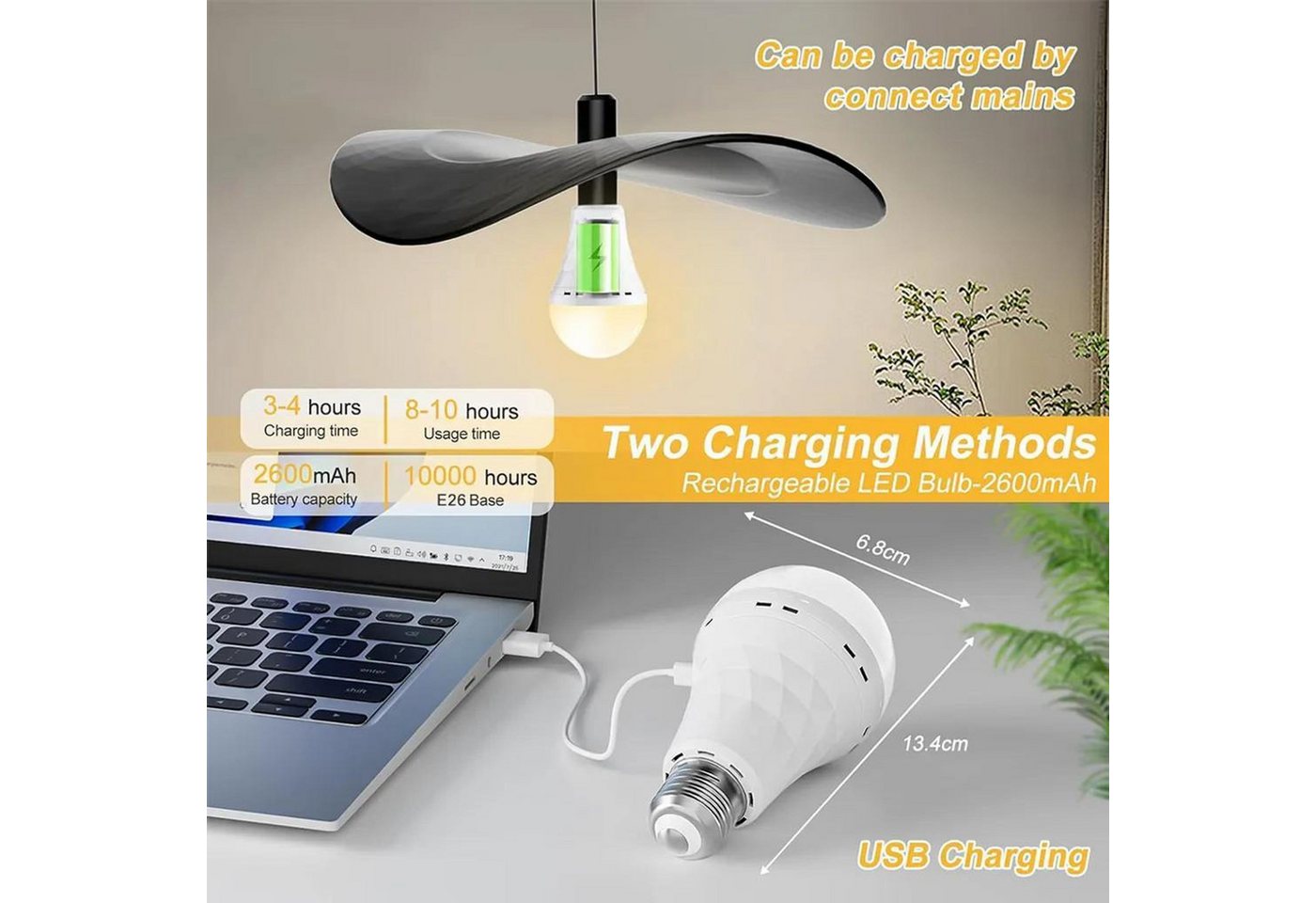 FELIXLEO Außen-Tischleuchte 2er LED Glühbirne 2600mAh USB Rechargeable Fernbedienung E27 Haken Bild 4