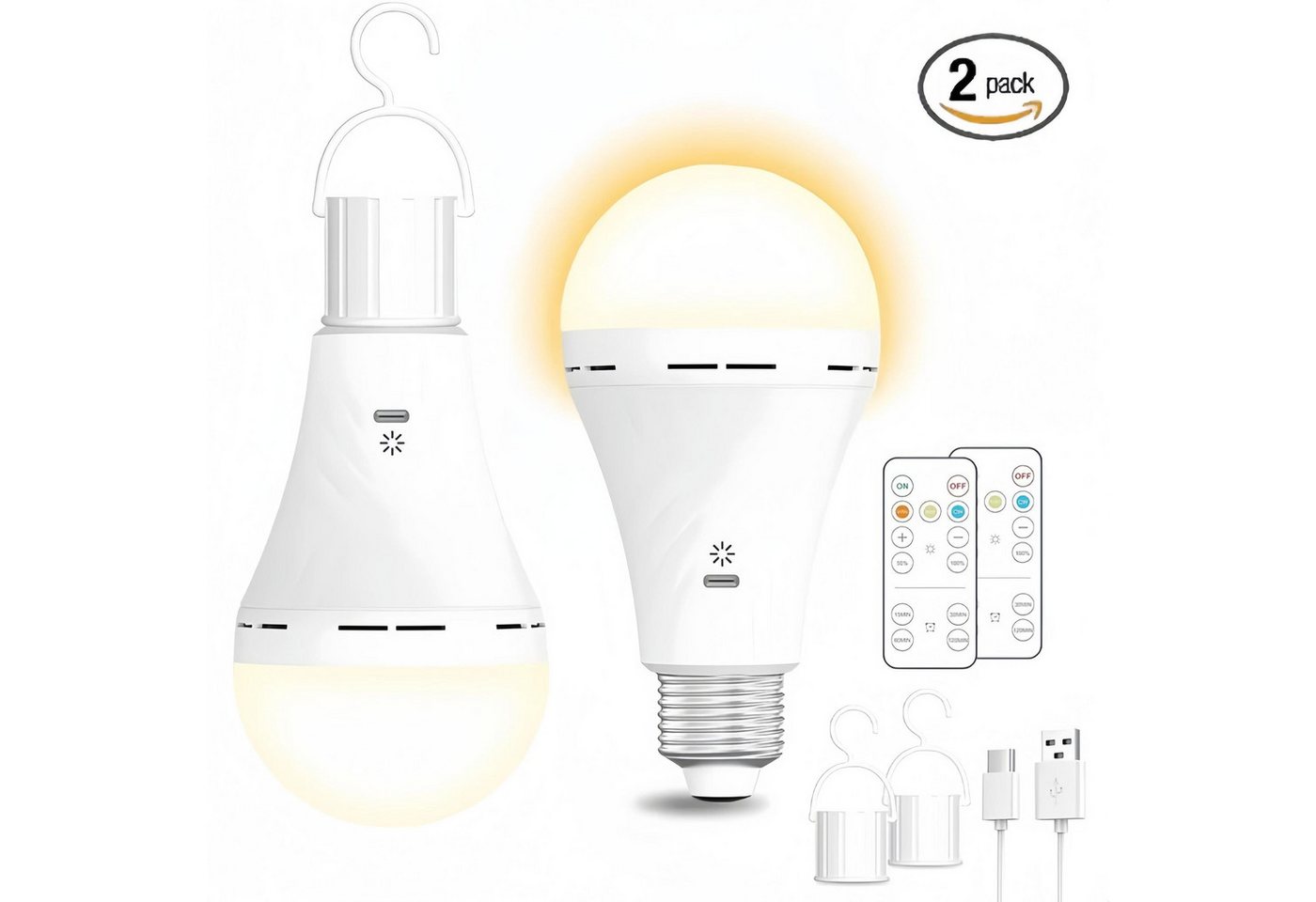 FELIXLEO Außen-Tischleuchte 2er LED Glühbirne 2600mAh USB Rechargeable Fernbedienung E27 Haken Bild 5
