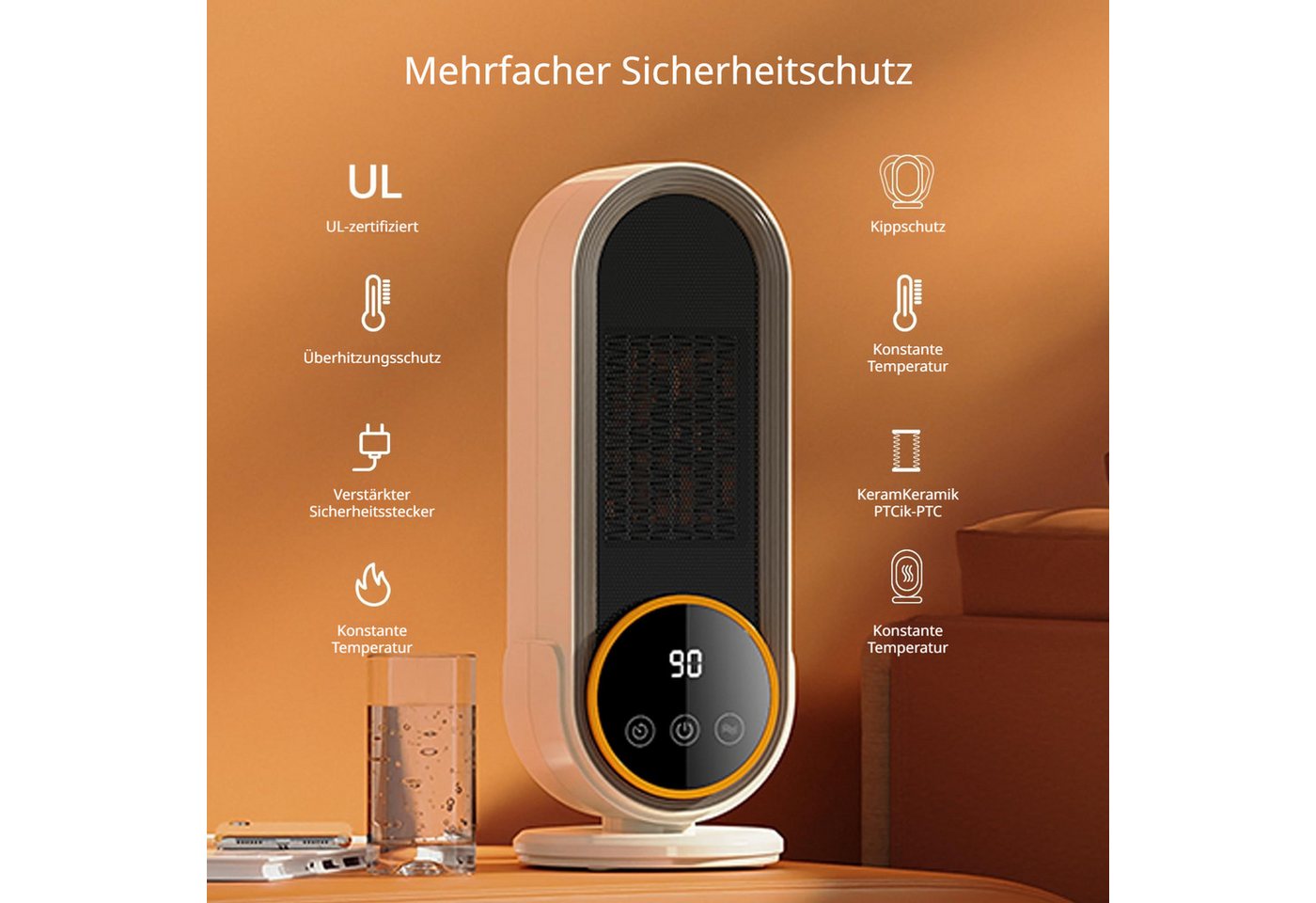 Tekoo Heizlüfter Keramik Heizlüfter 1200W Energiesparend, Timer & Display, Flüsterleiser 40dB Betrieb, Anti-Verbrühungs-Gitter, No-Light-Desig Bild 3