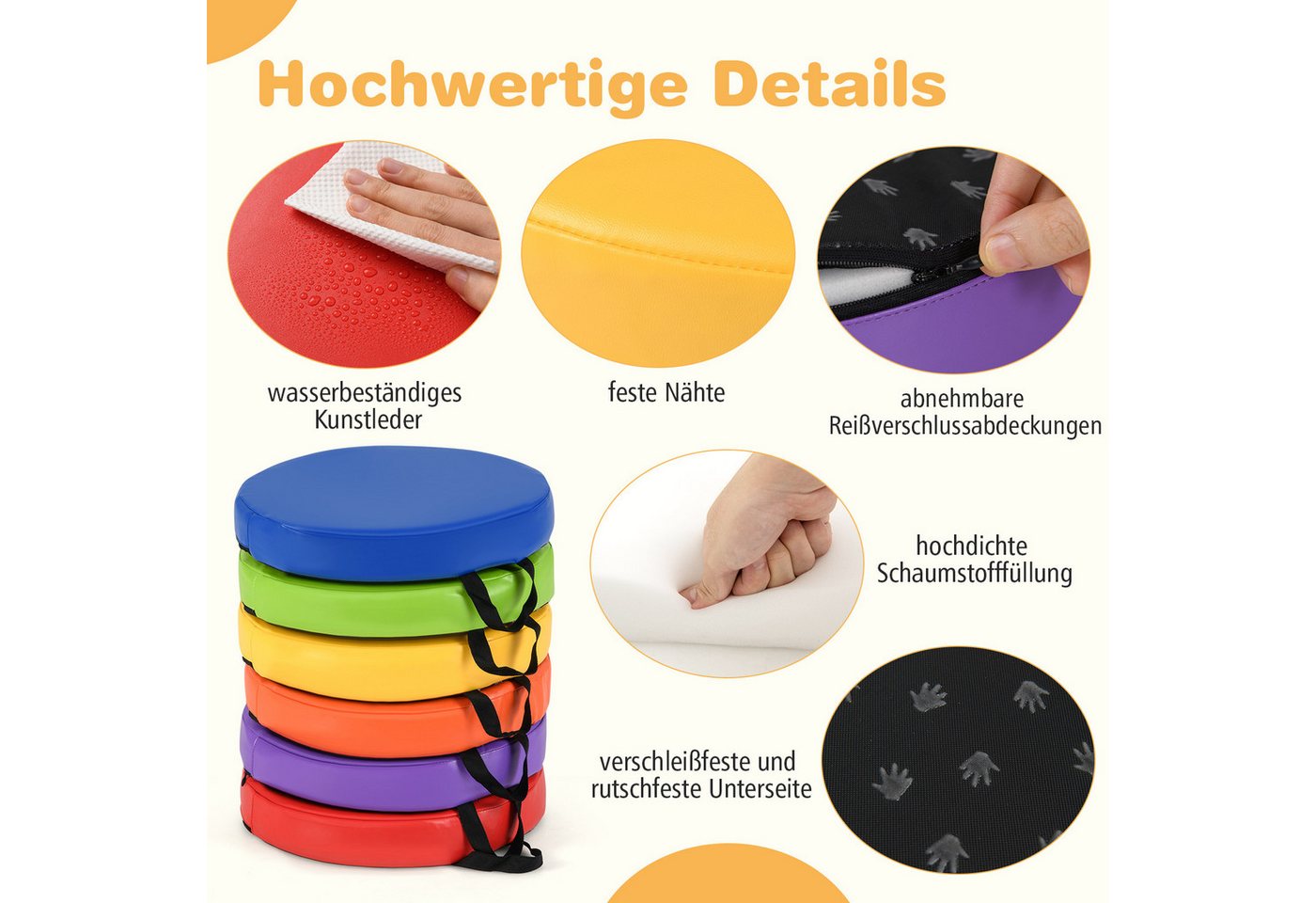 COSTWAY Bodenkissen, Kinder Sitzkissen rund mit Griff & Reißverschluss Bild 2