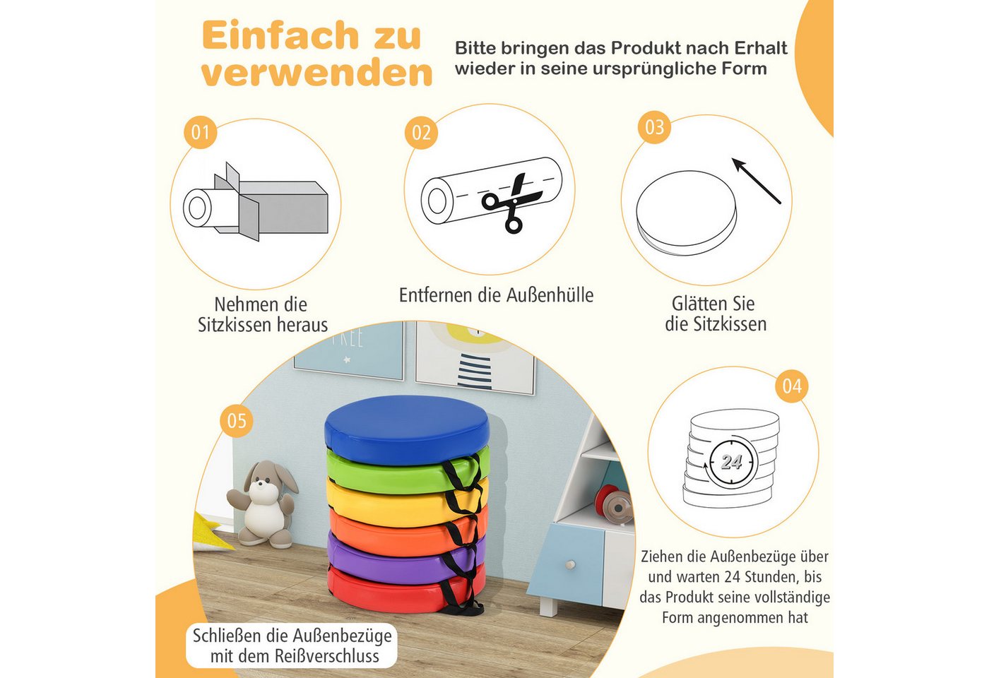 COSTWAY Bodenkissen, Kinder Sitzkissen rund mit Griff & Reißverschluss Bild 3