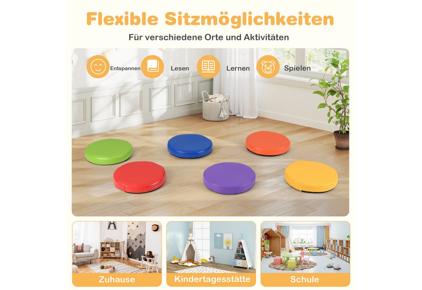 COSTWAY Bodenkissen, Kinder Sitzkissen rund mit Griff & Reißverschluss Bild 5