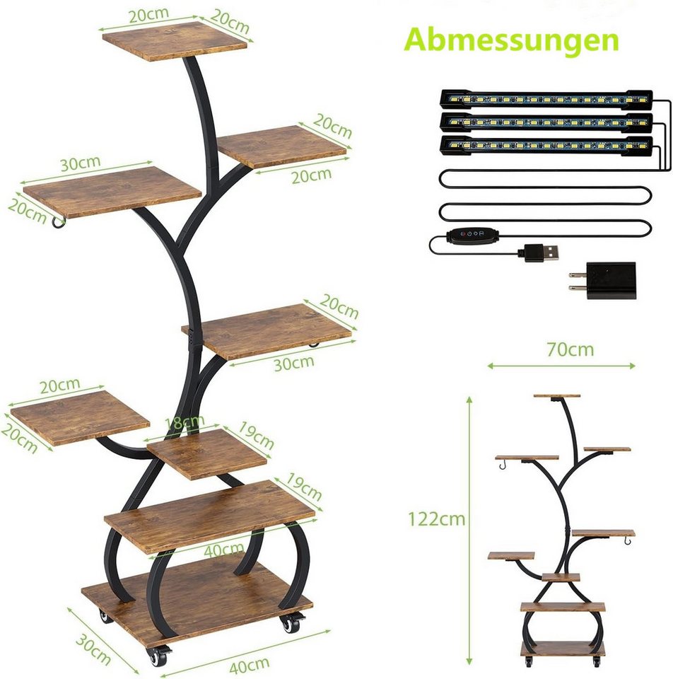 VINGLI Blumenständer Pflanzenständer mit LED-Wachstumslampen, 8/10-stöckiges Pflanzenregal, aus Holz und Metall, Stabil und platzsparend, 122 (H)*70 (B)*30 (T) cm