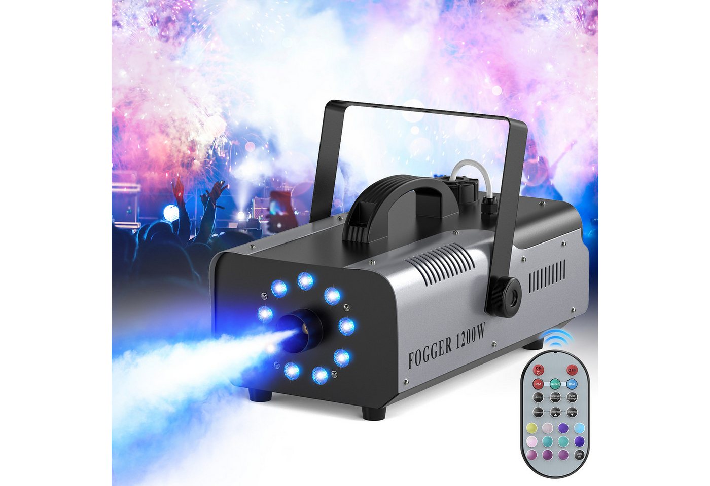 ZonQoonz Discolicht 1200W Nebelmaschine mit 9 RGB-LEDs und Fernbedienung – für Festivals
