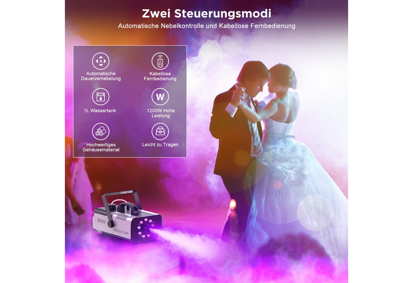 ZonQoonz Discolicht 1200W Nebelmaschine mit 9 RGB-LEDs und Fernbedienung – für Festivals Bild 2