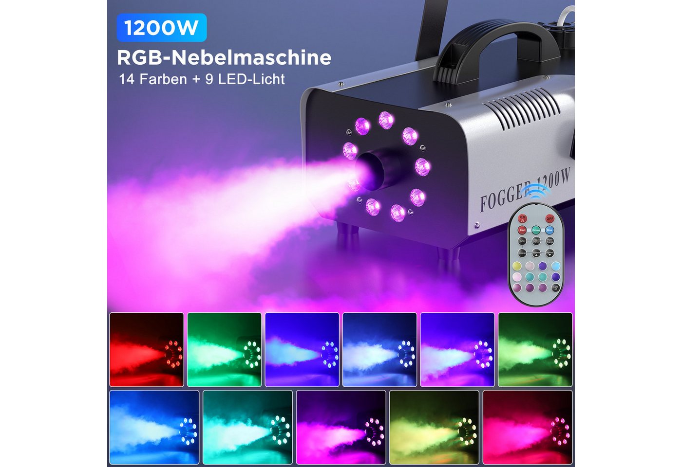 ZonQoonz Discolicht 1200W Nebelmaschine mit 9 RGB-LEDs und Fernbedienung – für Festivals Bild 3