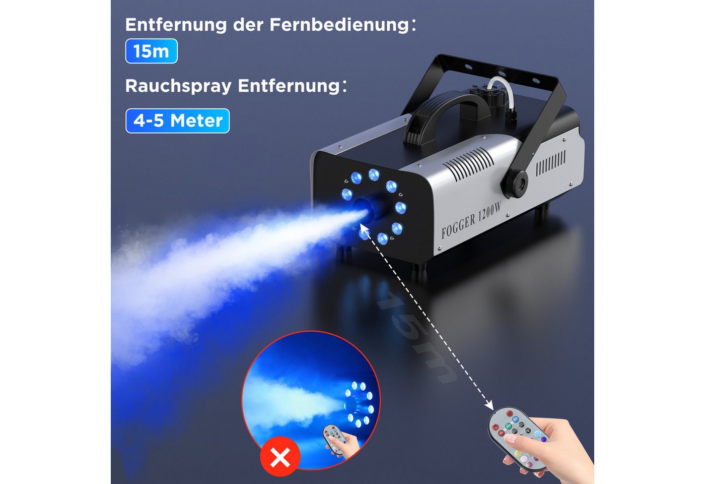 ZonQoonz Discolicht 1200W Nebelmaschine mit 9 RGB-LEDs und Fernbedienung – für Festivals Bild 5